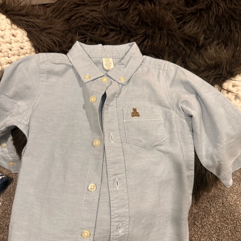 GAP Light Blue Kids Button Down Shirt with Bear Embroidery